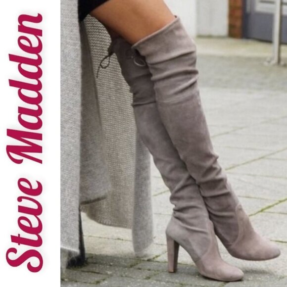 STEVE MADDEN “Gorgeous” Taupe Gray Over-The-Knee Faux Vegan Suede Boots, Sz 8.5 - Picture 3 of 12